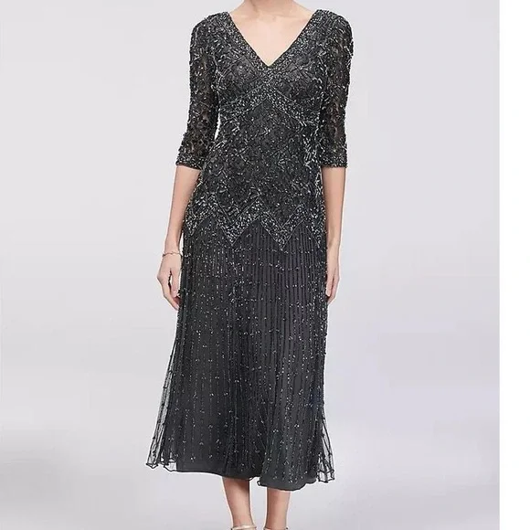 Pisarro Nights Beaded Mesh midi Gown 3/4 sleeve 2P - Picture 3 of 10